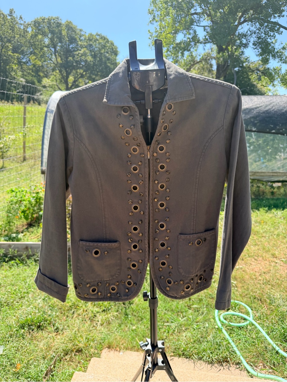 Hannah Olive Green Studded Grommet Zip Up Cotton Utility Jacket Utility Blazer M